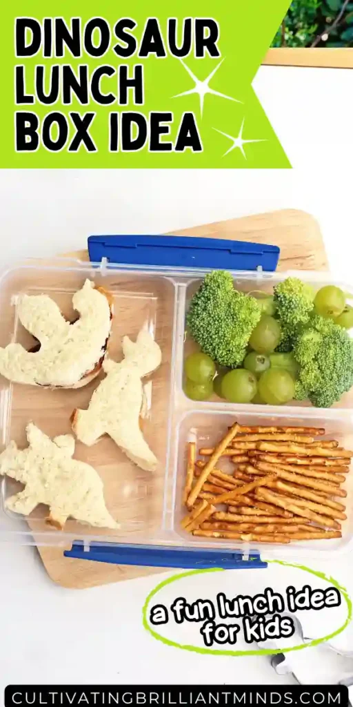 Dinosaur Lunch Idea - Cultivating Brilliant Minds a lunchbox with sandwiches cut into dinosaurs, pretzels, broccoli, and green grapes