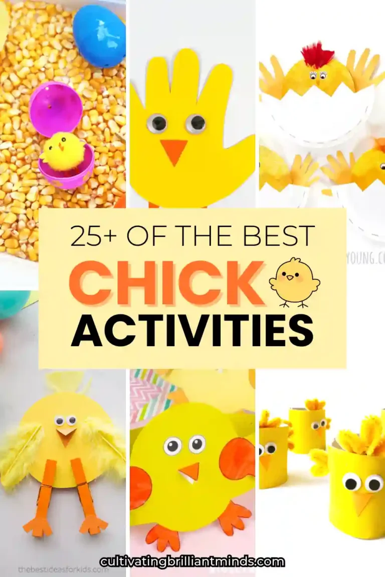 a collage of chick-themed crafts and activities with text that reads "25+ of the best chick activities"