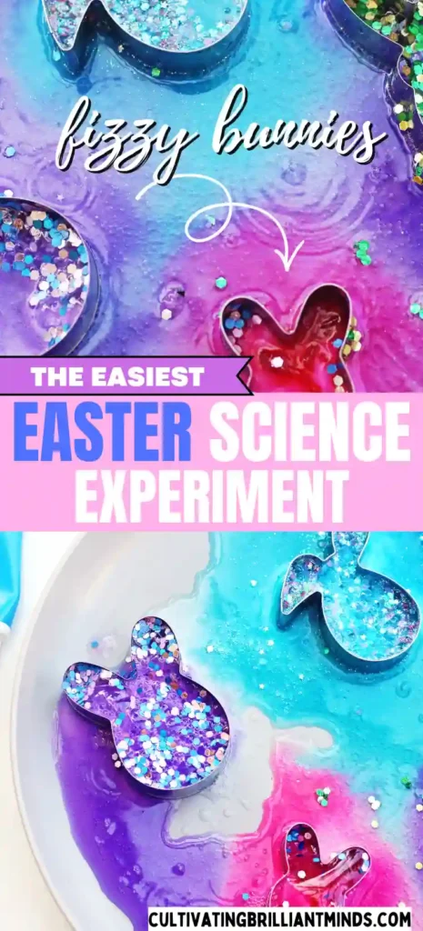 Fizzy Bunny Experiment - Cultivating Brilliant Minds cookie cutters on a plate with baking soda, glitter, food coloring, and vinegar in it to create a "volcano"