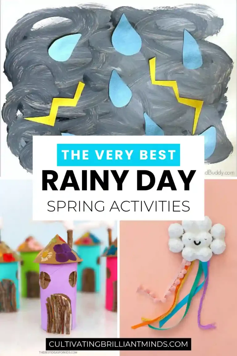 a collage of rainy day spring activities for kids