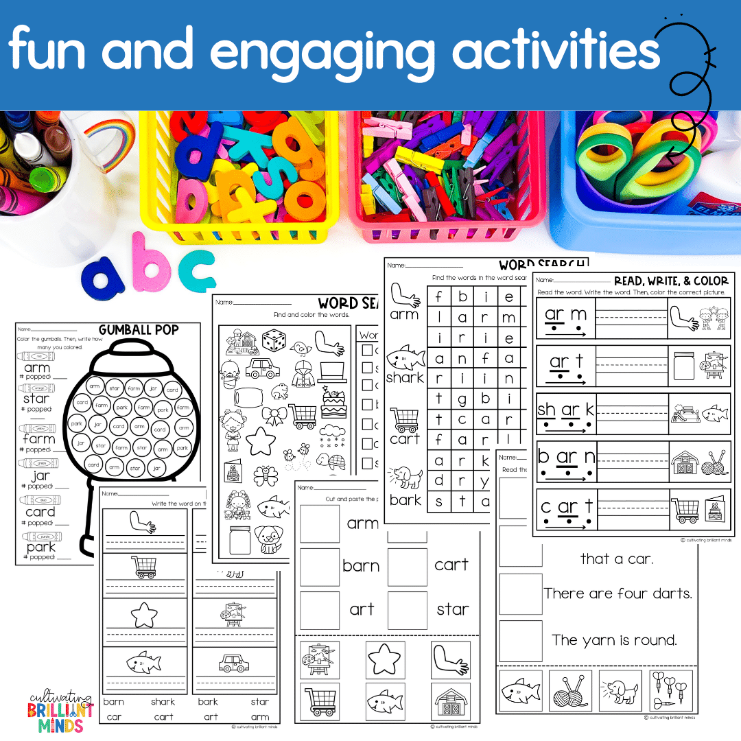 AR Phonics Centers - Cultivating Brilliant Minds phonics worksheets that focus on r-controlled ar words