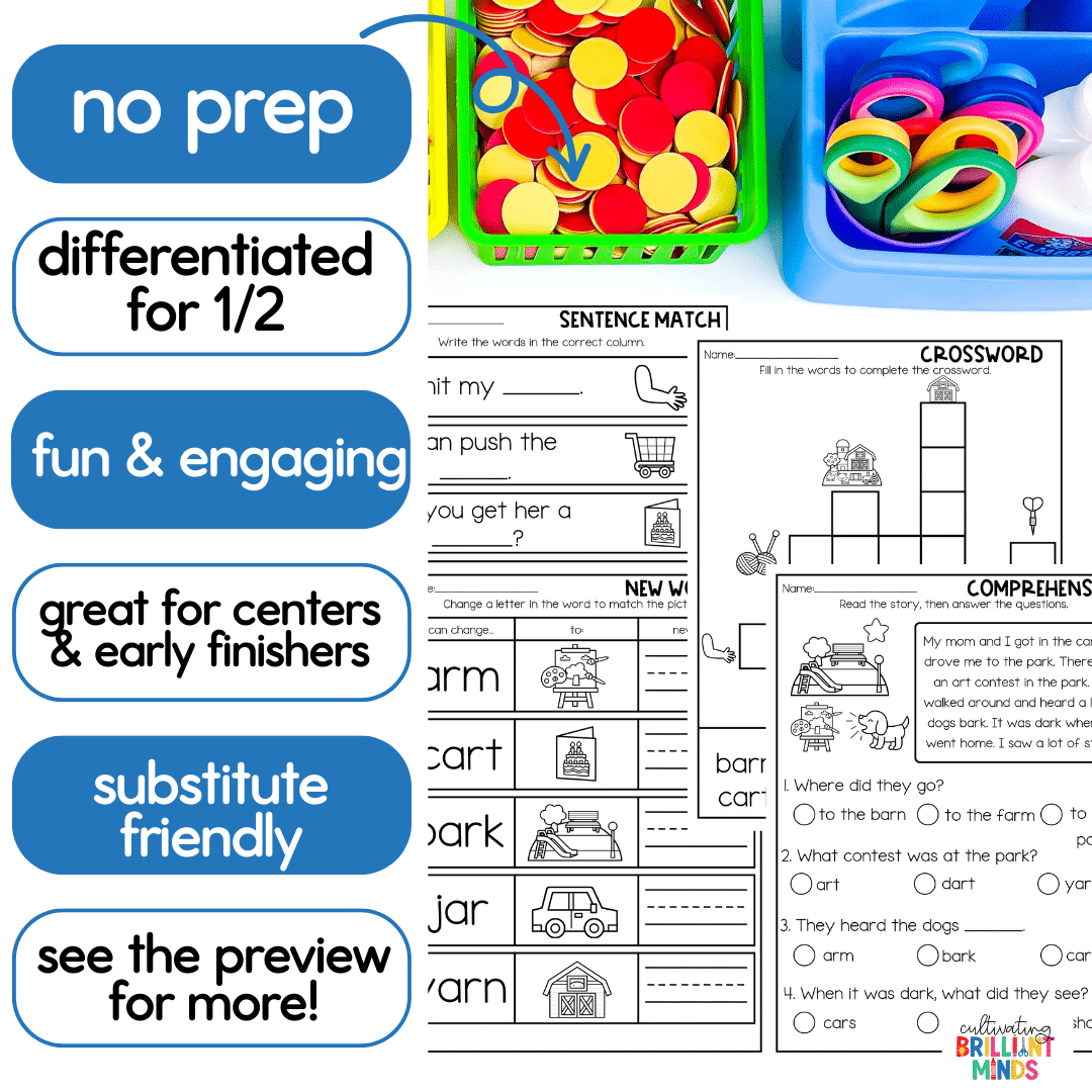 AR Phonics worksheets - Cultivating Brilliant Minds worksheets that works on r-controlled ar words