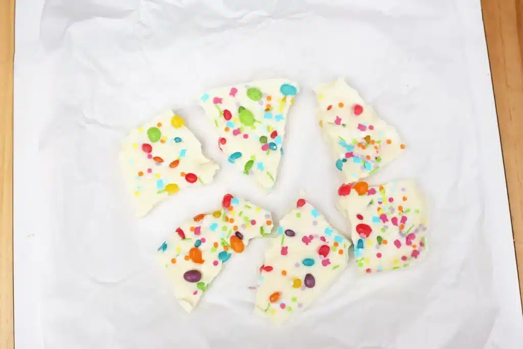 Jelly Bean Bark For Easter - Cultivating Brilliant Minds white chocolate bark with jelly beans and sprinkles broken into pieces