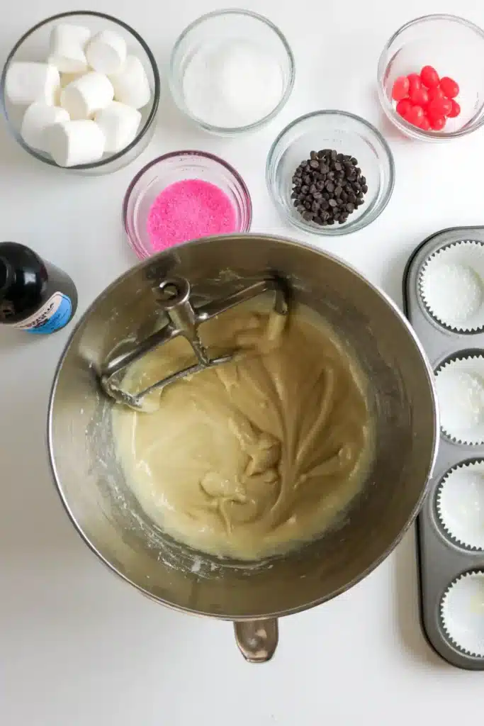 Bunny Cupcakes for Easter - Cultivating Brilliant Minds canilla cupcake batter in a mixing bowl