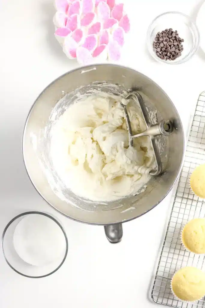 Bunny Cupcakes for Easter - Cultivating Brilliant Minds vanilla frosting in a mixing bowl
