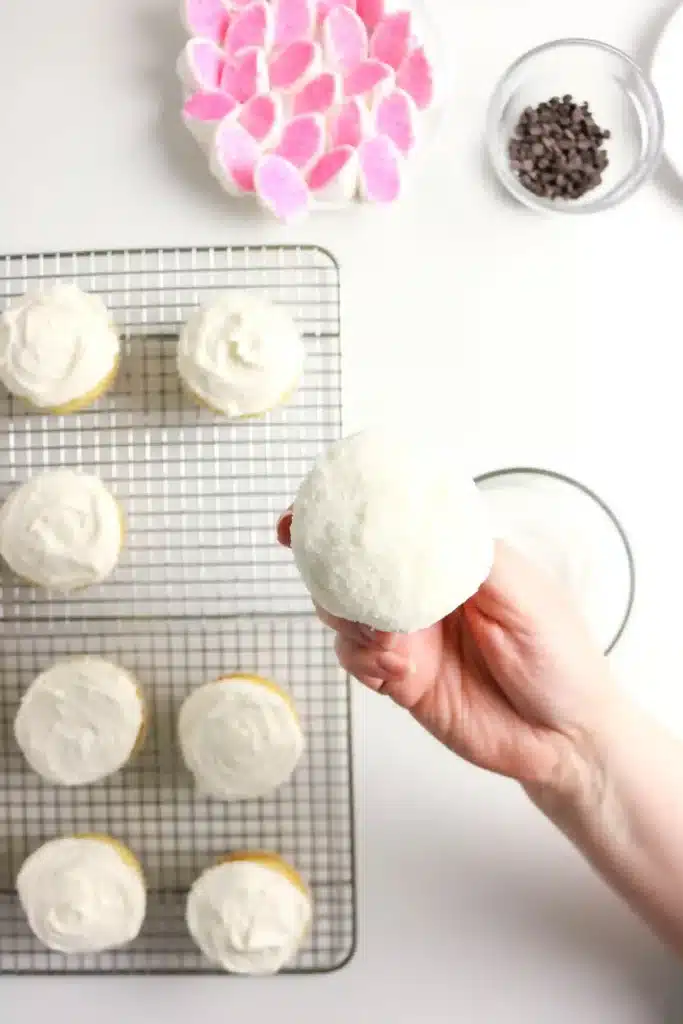 Bunny Cupcakes for Easter - Cultivating Brilliant Minds cupcakes with vanilla frosting and clear sanding sugar on top