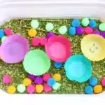 Caterpillar Color Sorting Sensory Bin - Cultivating Brilliant Minds a sensory bin with green split peas, colored cupcale liners, and pom poms