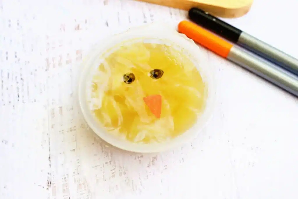 Spring Lunchbox Idea for Kids - Cultivating Brilliant Minds a pineapple fruit cup with a chick face drawn on top