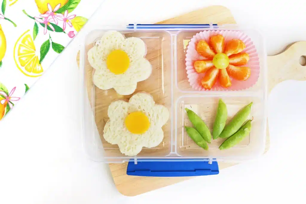 Flower Garden Lunch - Cultivating Brilliant Minds a spring lunch idea for kids that has a sandwich, fruits, and veggies in the shape of flowers