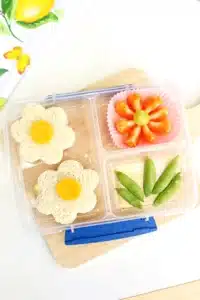 a spring lunch idea for kids that has a sandwich, fruits, and veggies in the shape of flowers