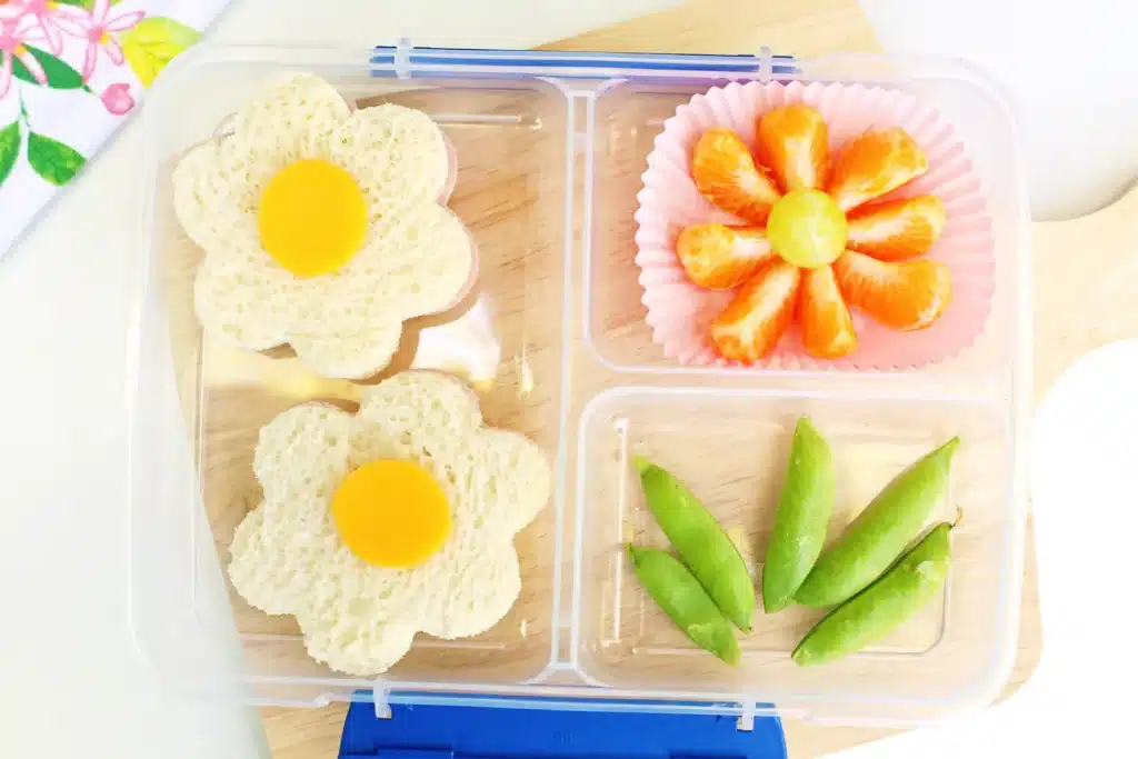 Flower Garden Lunch - Cultivating Brilliant Minds a spring lunch idea for kids that has a sandwich, fruits, and veggies in the shape of flowers