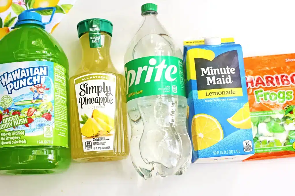 Frog Pond Punch - Cultivating Brilliant Minds ingredients for the frog pond punch: green hawaiian punch, pineapple juice, sprite, and lemonade
