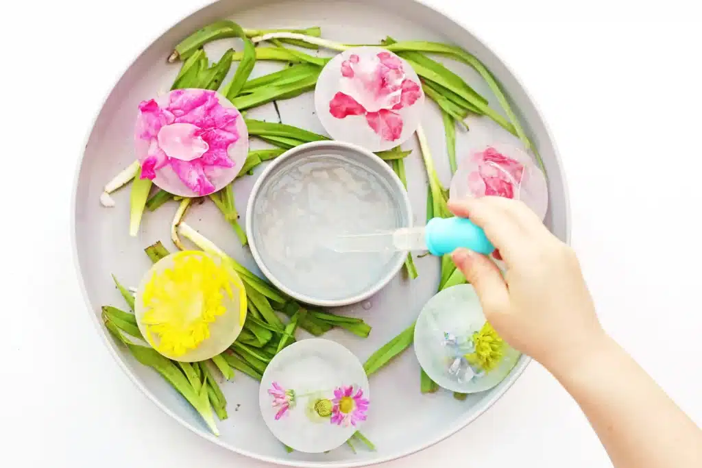 Frozen Flowers Sensory Activity - Cultivating Brilliant Minds a kid dipping a pipette into warm water