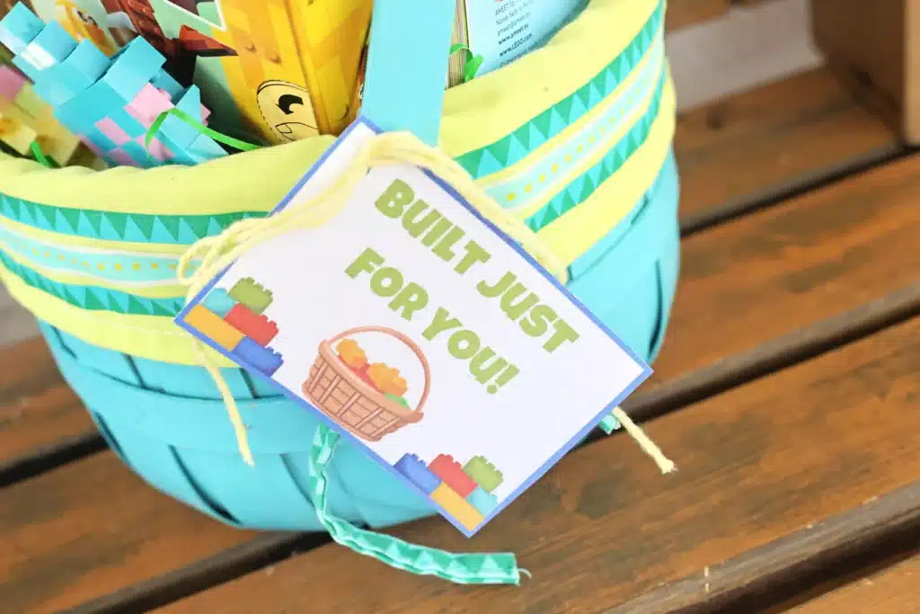 LEGO Easter Basket Ideas - Cultivating Brilliant Minds a tag on an easter basket that reads "built for you"