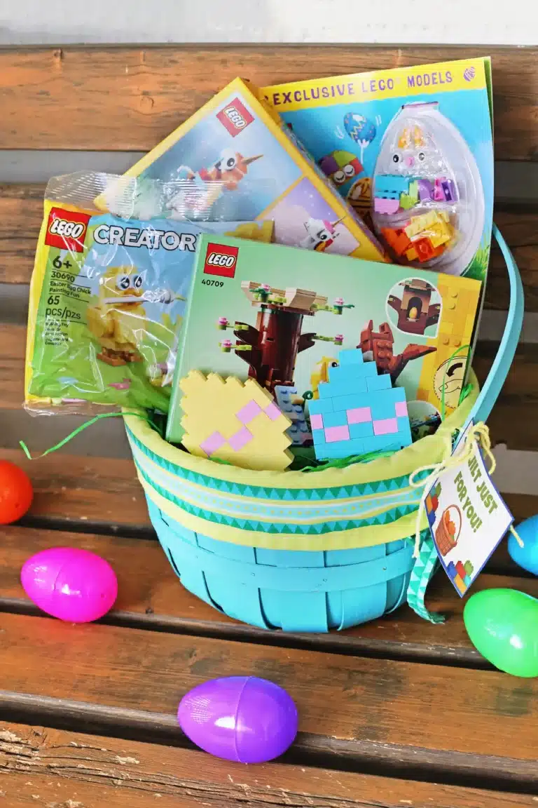 a lego easter basket with lego toys and books