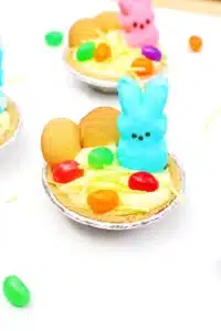a banana pudding mini pie with nilla wafers, edible grass, jelly beans, and a peeps bunny