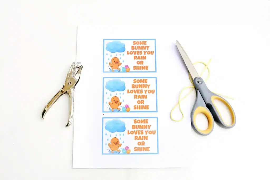 Rain boots Easter basket for kids - Cultivating Brilliant Minds a printable easter tag that says "some bunny loves you rain or shine" with scissors and a hole puncher
