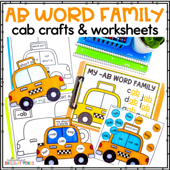 cab crafts and worksheets that focus on the -ab word family