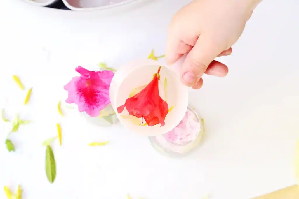 Spring Flowers Potion Sensory Activity - Cultivating Brilliant Minds a kid putting flowers in a jar with water