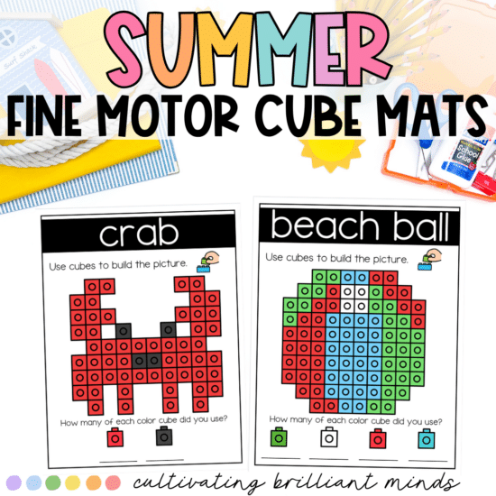 Two fine motor cube mats for summer, showing crabs and beach ball designs.