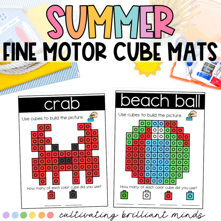 Two fine motor cube mats for summer, showing crabs and beach ball designs.