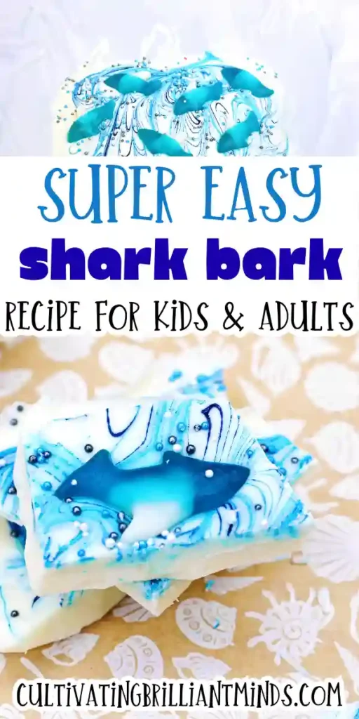 white chocolate bark with gummy sharks and sprinkles