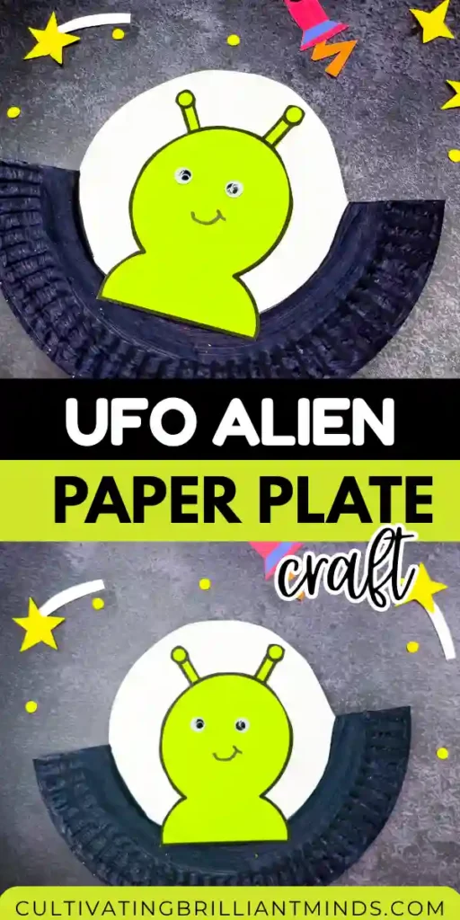UFO Paper Plate Craft - Cultivating Brilliant Minds a paper plate cut and painted to look like a UFO with an alien inside