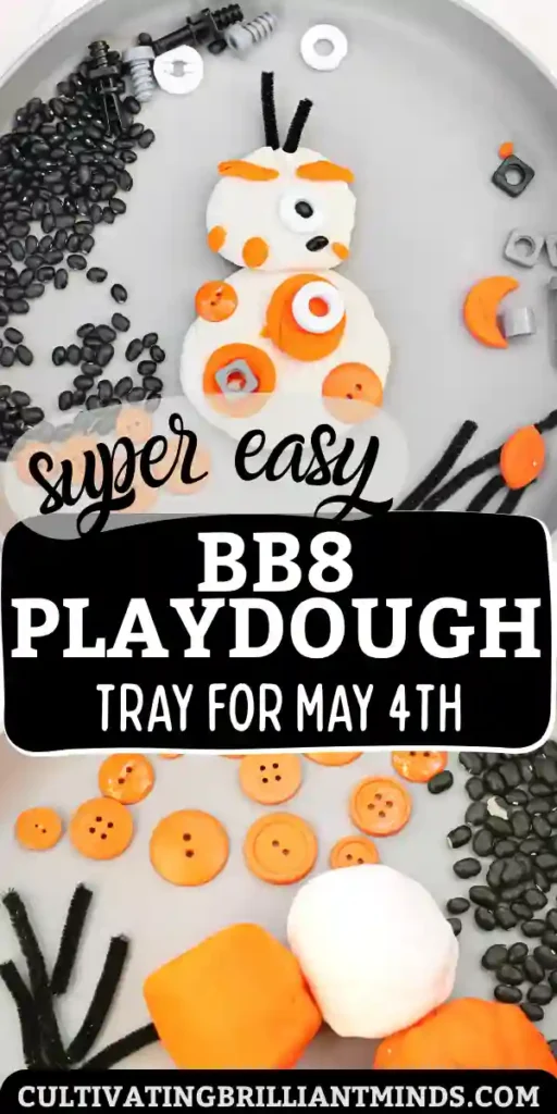 BB8 Playdough Tray - Cultivating Brilliant Minds playdough, buttons, and loose parts put together to look like bb8 from star wars