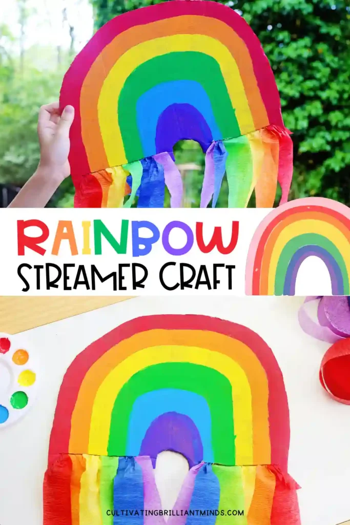 Cardboard Rainbow Streamers - Cultivating Brilliant Minds a piece of cardboard cut and painted like a rainbow with streamers on the bottom
