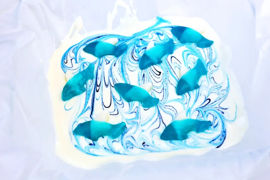 Shark Bark - Cultivating Brilliant Minds white chocolate bark with gummy sharks