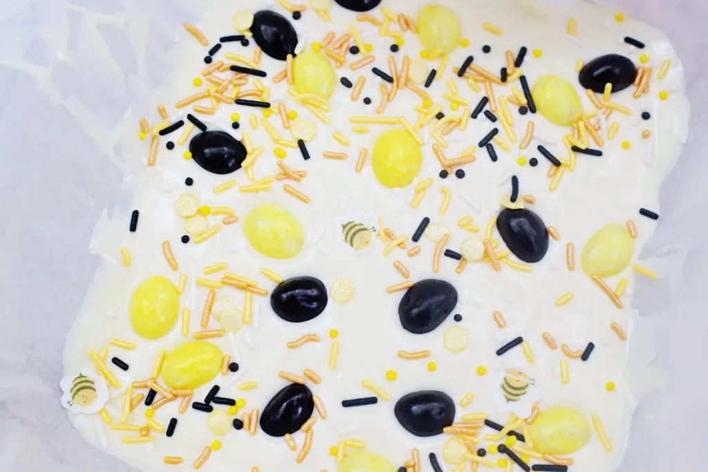Bumble Bee Bark - Cultivating Brilliant Minds melted white chocolate with black and yellow jelly beans and sprinkles
