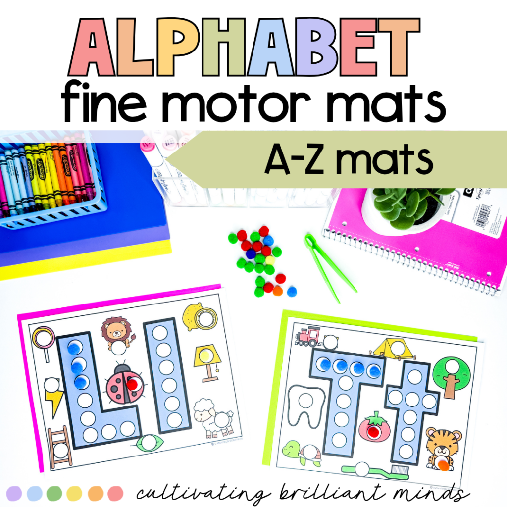letters l and t alphabet mats with circles to place pom poms