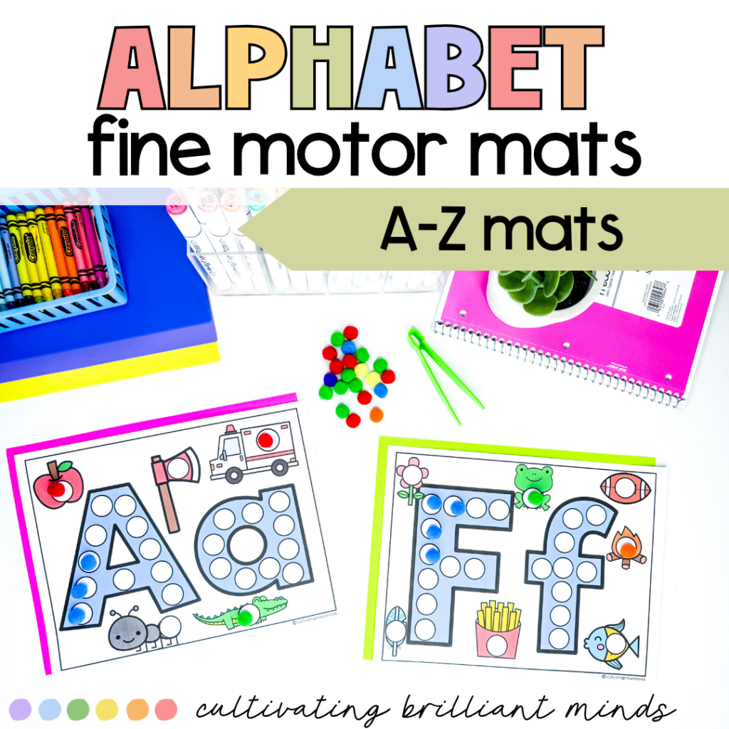 letters a and f alphabet mats with circles to place pom poms