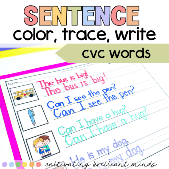 CVC Sentence Trace and Writing Worksheets
