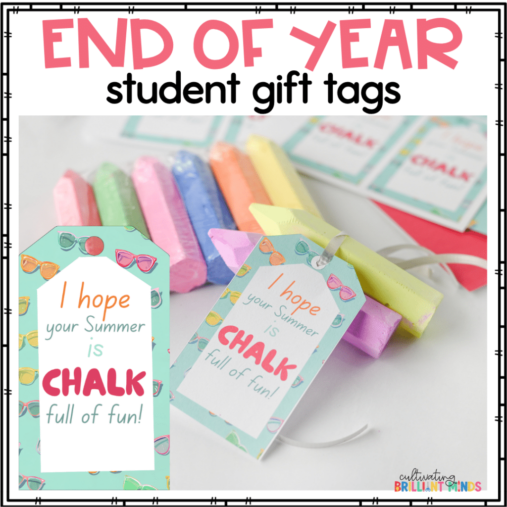 Chalk Full of Fun Tags - Cultivating Brilliant Minds gift tags that say :I hope your summer is chalk full of fun" attached to pieces of chalk