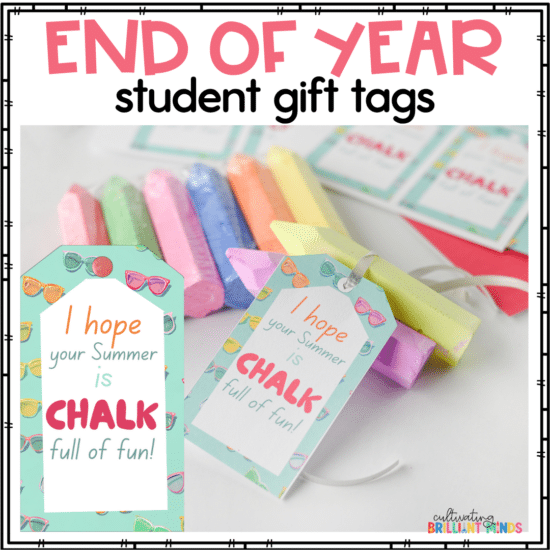 Chalk Full of Fun Tags - Cultivating Brilliant Minds gift tags that say :I hope your summer is chalk full of fun" attached to pieces of chalk