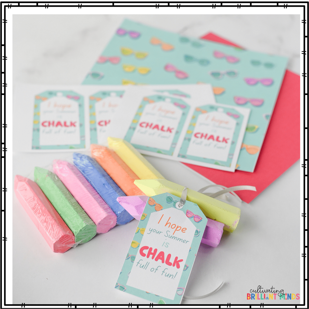 Chalk Full of Fun Tags - Cultivating Brilliant Minds gift tags that say :I hope your summer is chalk full of fun" attached to pieces of chalk