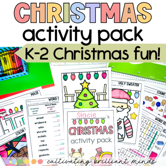 Colorful collage of a Christmas activity pack cover with the title 'CHRISTMAS activity pack' and 'K-2 Christmas fun!' plus sample worksheets around it.