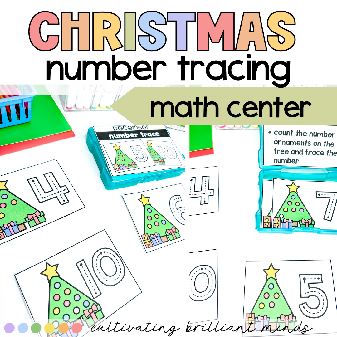 Christmas Number Tracing Task Cards3 - Cultivating Brilliant Minds Colorful Christmas-themed math center: number tracing cards with Christmas trees and numbers.