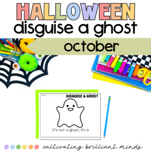 Colorful Halloween header 'HALLOWEEN disguise a ghost' with craft supplies and a ghost disguise worksheet on white paper