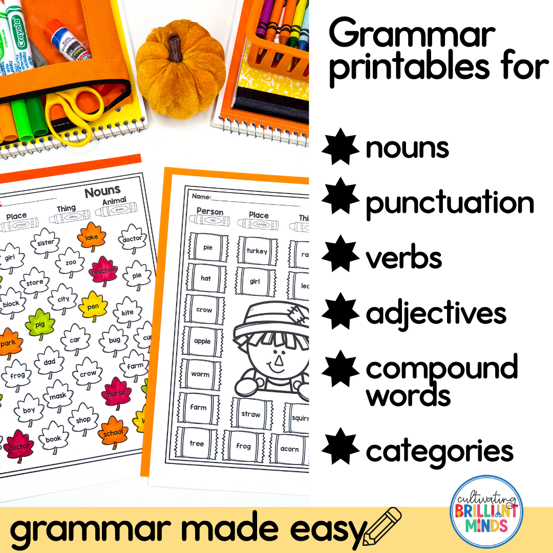 Fall grammar printables - Cultivating Brilliant Minds fall grammar printables
