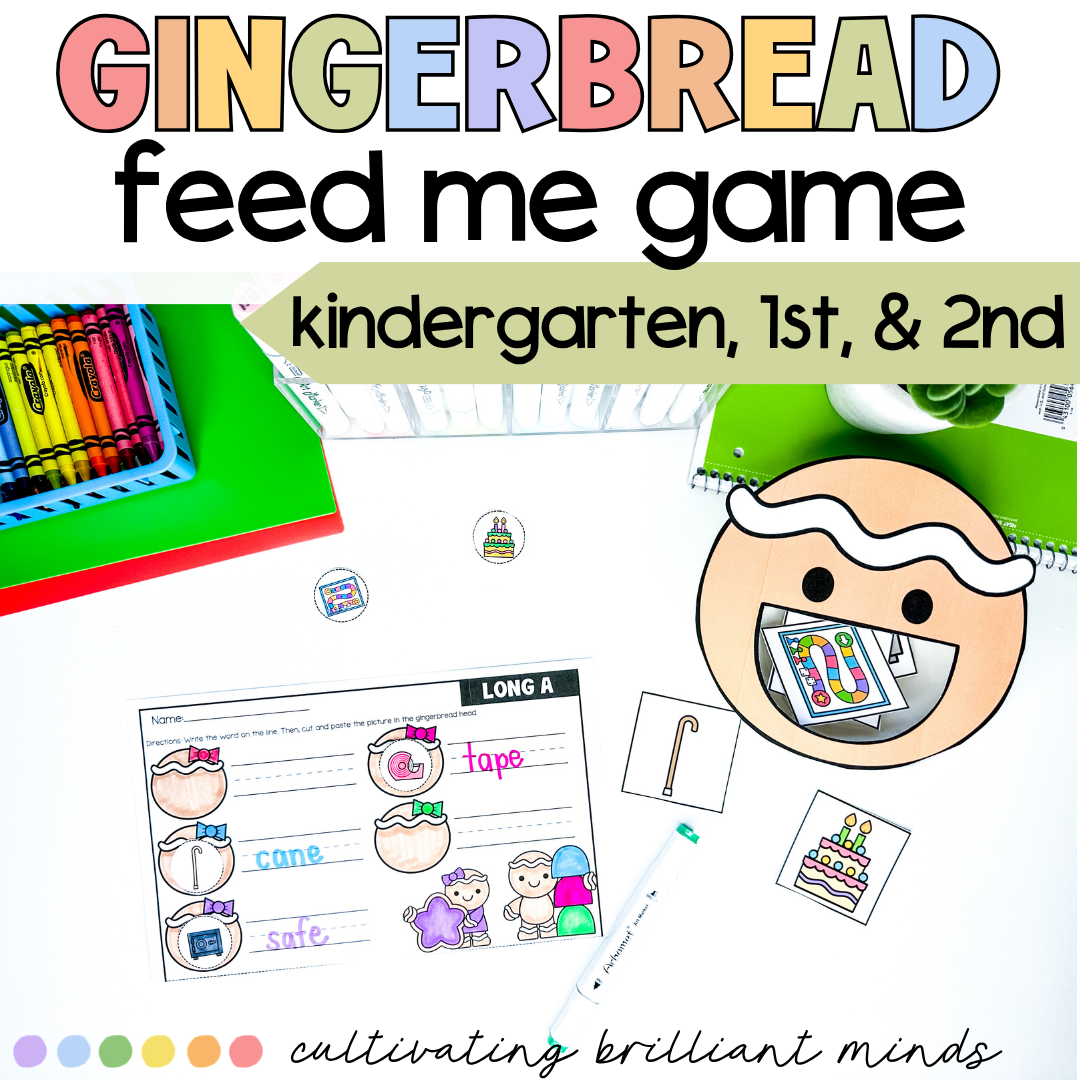Gingerbread Feed Me Center 3 - Cultivating Brilliant Minds Colorful cover for Gingerbread Feed Me Game, for kindergarten through 2nd grade, with worksheets and supplies.