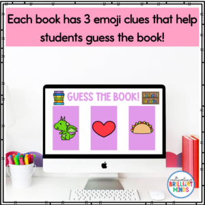 an image of a computer screen that says "guess the book!" with 3 emoji clues on it