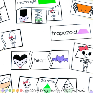 Collection of classroom flashcards with shape names (rectangle, trapezoid, diamond, heart) and cute skeleton illustrations for learning shapes.