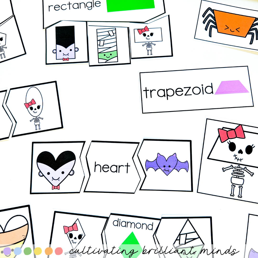 Halloween 2D Shape Math Task Cards 2 - Cultivating Brilliant Minds Collection of classroom flashcards with shape names (rectangle, trapezoid, diamond, heart) and cute skeleton illustrations for learning shapes.