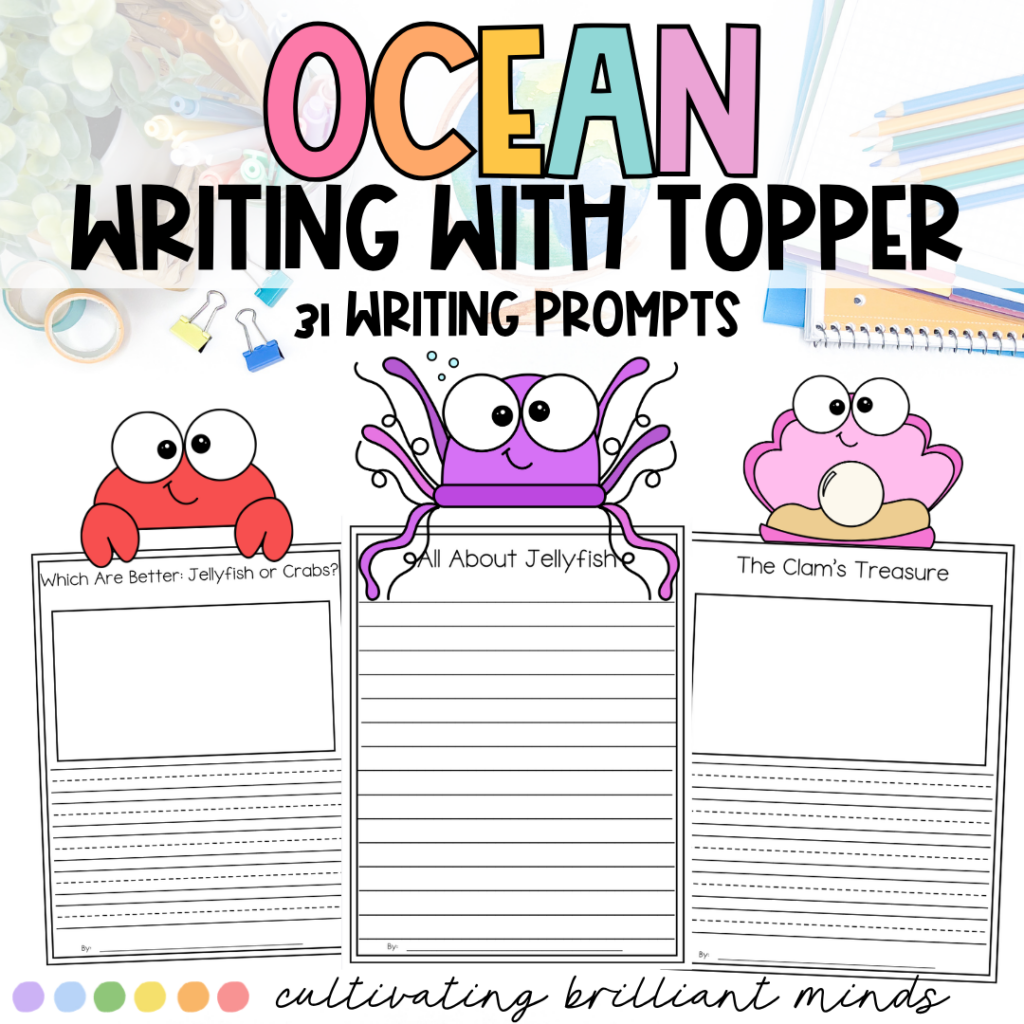 ocean writing prompts with various ocean-related page toppers