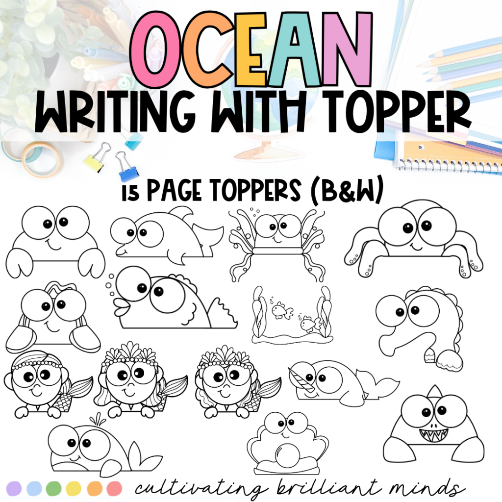 ocean writing prompts with various ocean-related page toppers