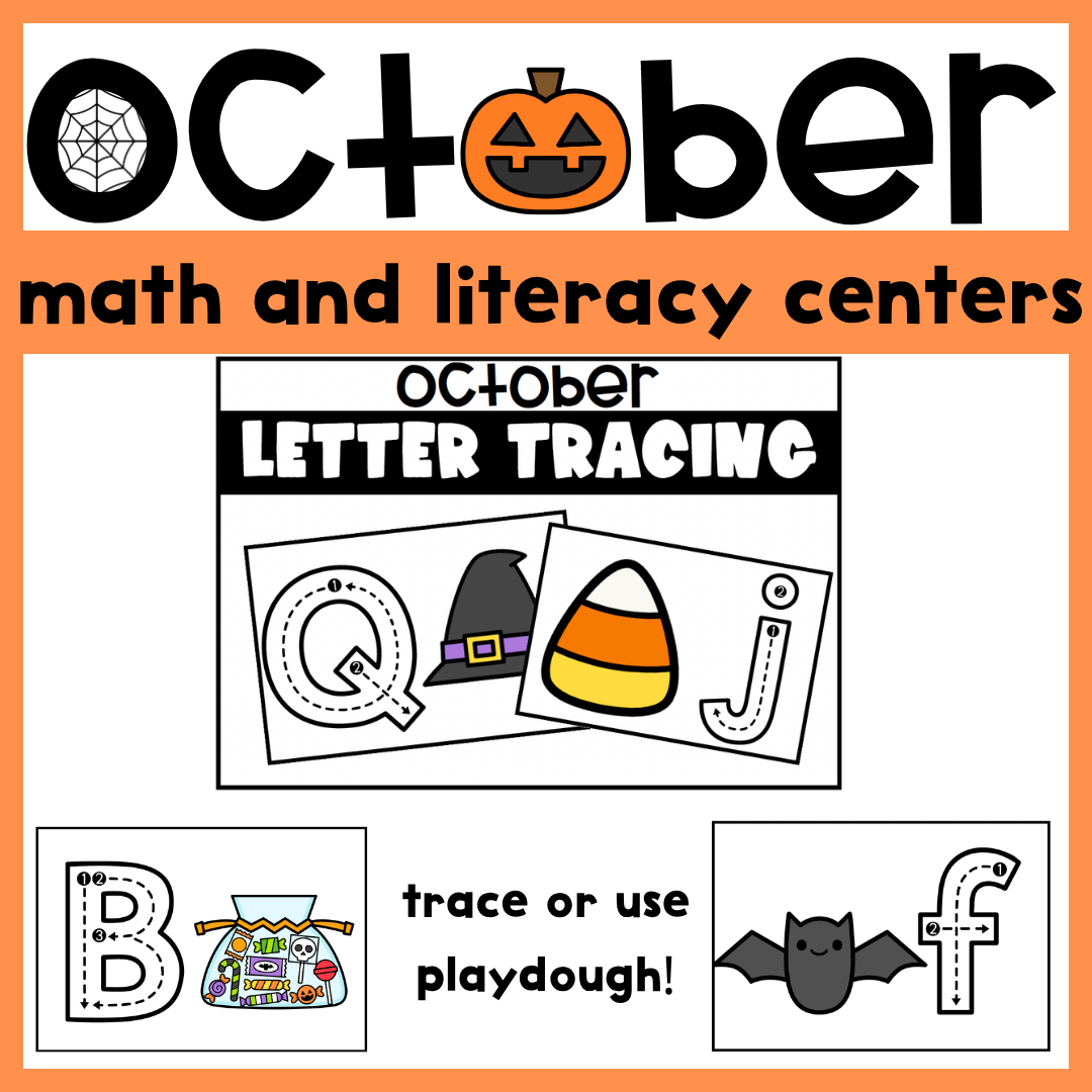 October Literacy and Math Centers 5 - Cultivating Brilliant Minds Halloween-themed cover for October math and literacy centers featuring a jack-o'-lantern and the words 'October' and 'letter tracing'