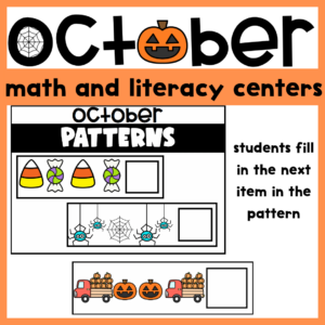 Cover page for October math and literacy centers featuring bold 'October' with a jack-o'-lantern in place of the 'o', and three pattern activities: candy illustrations, spiders on a web, and pumpkin trucks with a blank box for the next item.