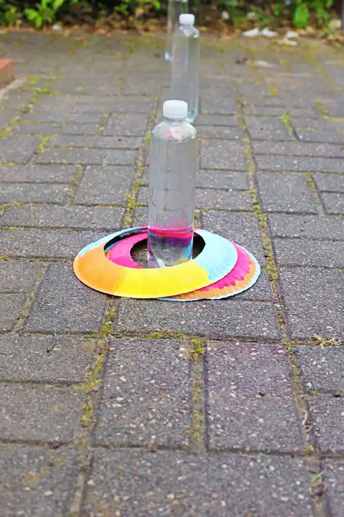 Paper Plate Ring Toss Game - Cultivating Brilliant Minds Two plastic bottles balanced upright on a rainbow-colored circular paper disc on a brick walkway.